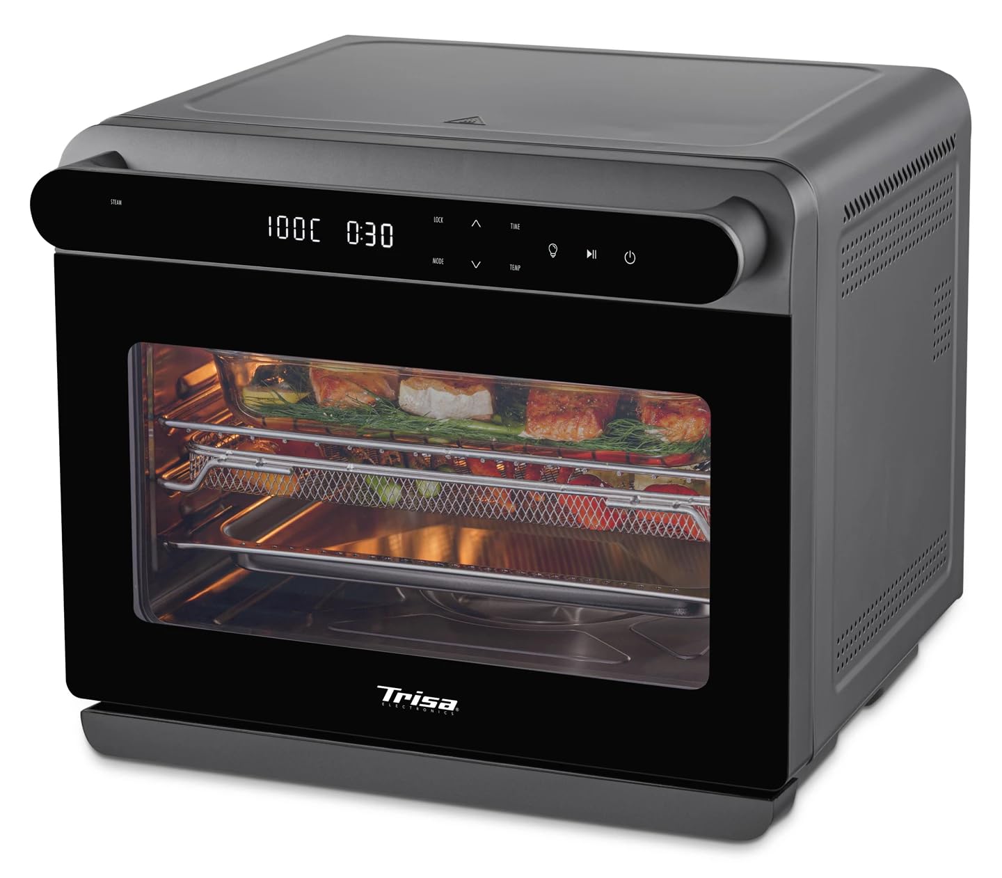 Trisa Air Fusion Pro 24L Mini Dampfbackofen – Kombigerät Heißluftfritteuse & Dampfgarer, 8 Automatik-Programme, Edelstahl-Garraum, LED-Display im Griff, 30–230°C, Inkl. Backblech & Rost