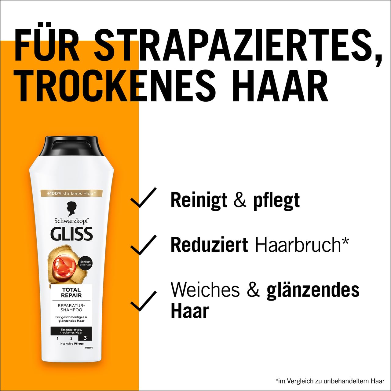 Gliss Szampon Total Repair (12 x 250 ml), szampon do włosów z płynną keratyną i nektarem kwiatowym, szampon pielęgnacyjny do suchych i uszkodzonych włosów, redukuje łamliwość włosów