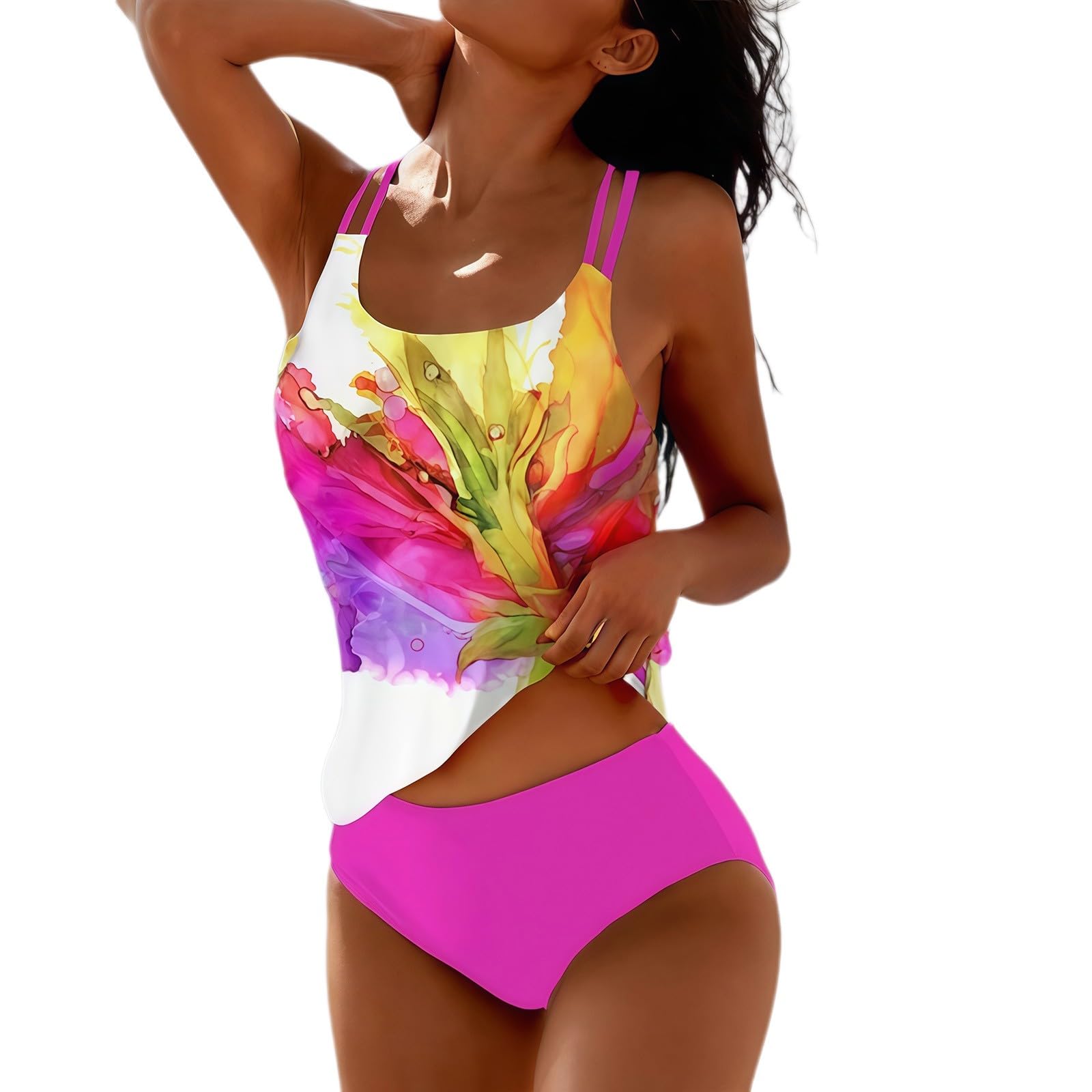 Tankini Femme Maillot de Bain 2 Pieces Ensemble Classique Ruched Imprimé Tropical Plage Piscine Cover Up Haut avec Short Taille Haute Amincissant Confortable Swimwear Été