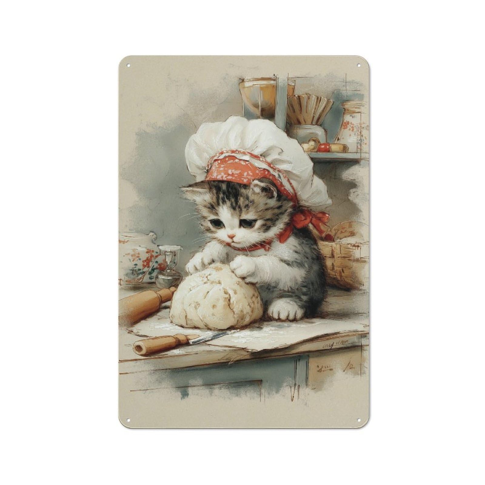 Junmoney Kitty Chef Bakes Dough Vintage Printed Metal Sign 30X20cm For Workshop Wall, A Decorative Gift For A Newly Furnished Workshop