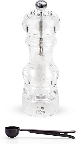 Peugeot - Molinillo de sal manual acrílico Nancy - Juego de regalo de molinillo ajustable transparente - Con cuchara de especias de acero