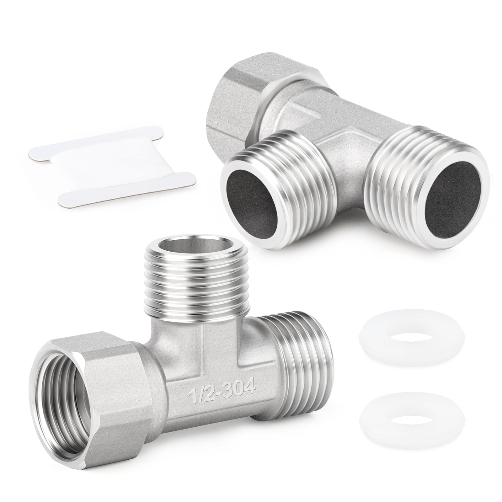 ERGAOBOY 2 Pcs 304 Stainless Steel 3 Way Right Flexible Movable Tee Connector, 1/2" Male BSP T-Fitting Union Nut Pipe for Sprayer, Angled Valve, Shower Arm