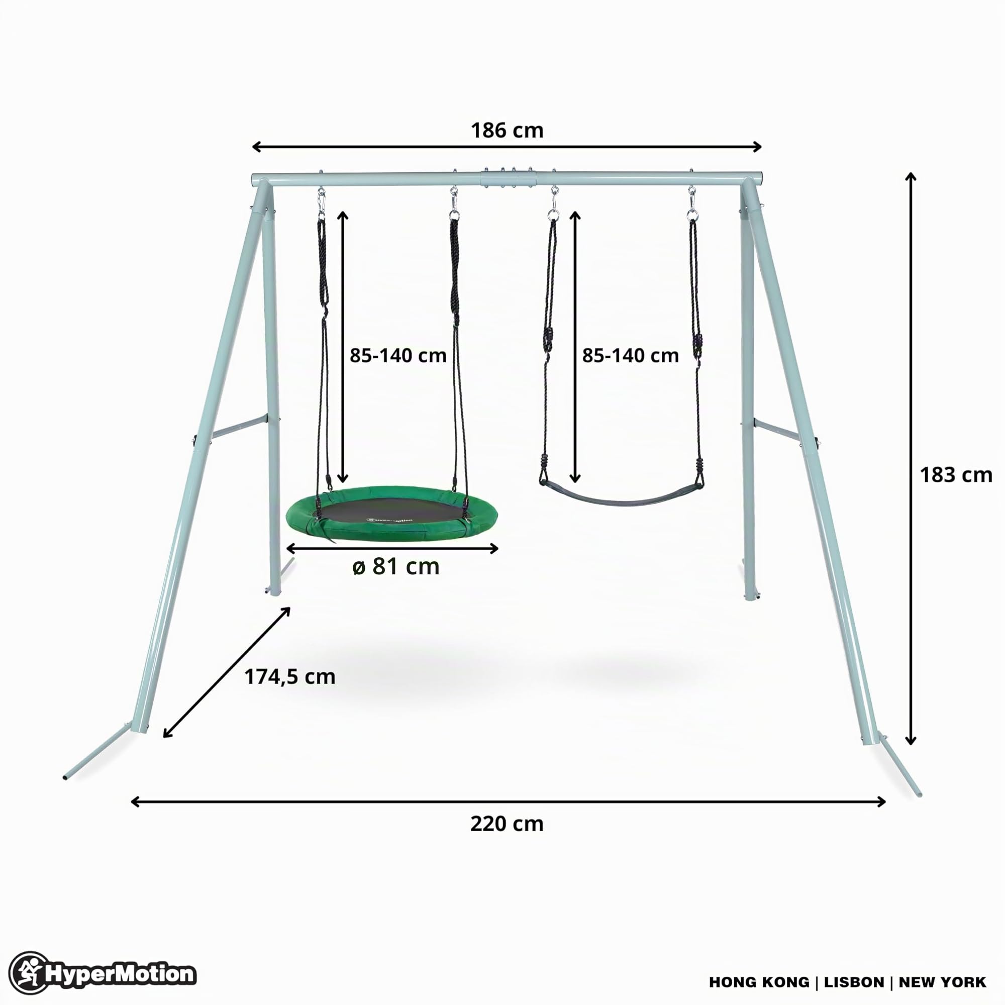 HyperMotion Columpio Infantil Doble para Jardín Exterior - Asiento y Nido de Cigüeña Ajustable con Estructura en A - para 2-3 Niños, Carga 200kg, Resistente UV