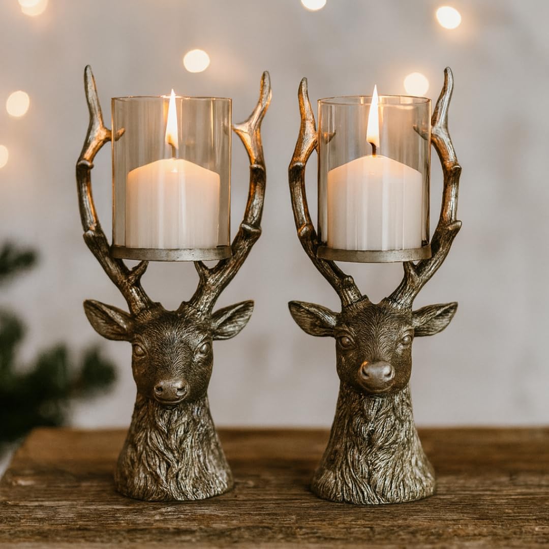 Marco Paul 2Pcs Stag Candle Holder - Silver Reindeer Table Decorations Centrepiece - Christmas Table Decoration - Pillar Candle Holders - Christmas Ornaments - Indoor Xmas Decorations