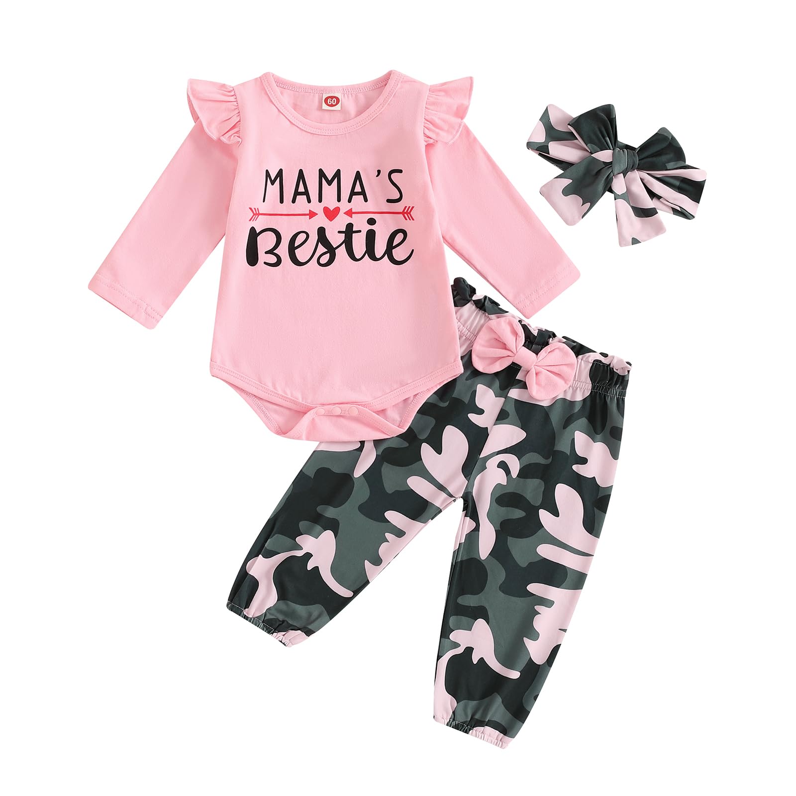Kupretty Baby Girl Clothes Infant Fall Winter Outfit Long Sleeve Ruffle Romper Bodysuit + Camouflage Pants + Headband Set (Pink, 6-12 Months)