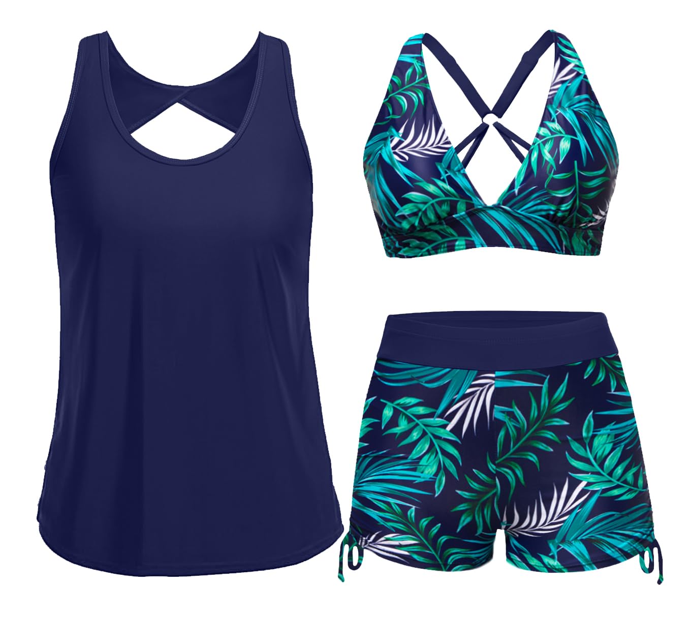 Yonique 3 Piece Tankini Swimsuits for Women Swim Tank Top Bathing Suits with Boy Shorts and Bra Athletic Swimwear