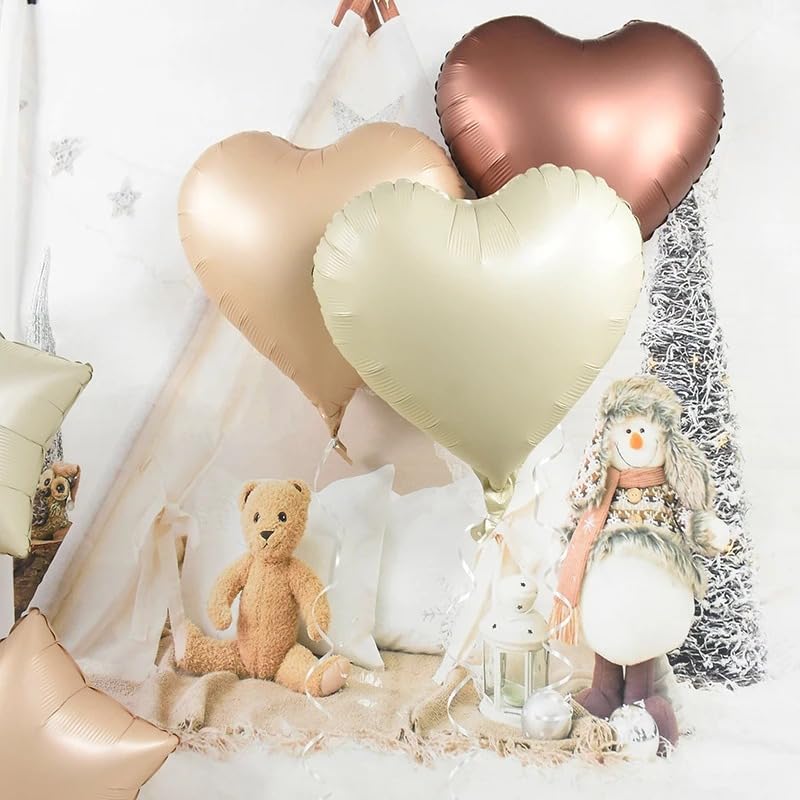 Image of Atpata Funky Boho Theme Foil Balloons - White Sand, Nude Cream, Tan Brown Caramel Shades - Stars and Hearts Shape - for Weddings, Birthdays, Baby Showers, and Party Decorations (9pcs, Hearts)
