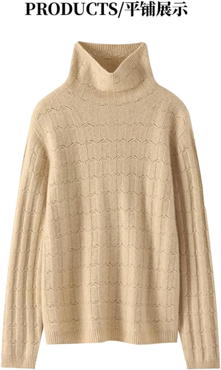 Women's 100% Wool Pullover Sweater Turtleneck Long Sleeve Hollow-Out Jumper Winter Thicked Warm Tops