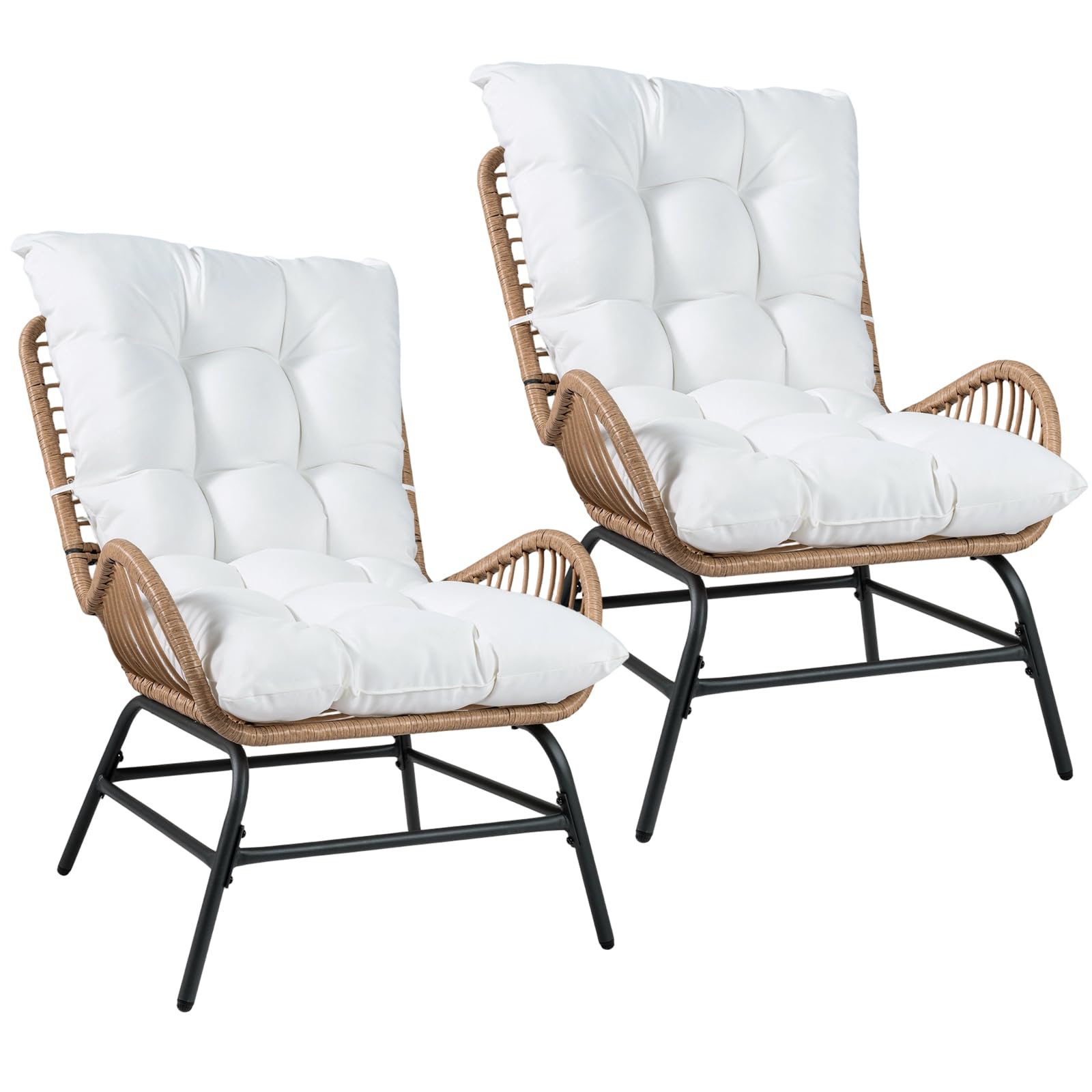 COSTWAY 2er Set Gartenstühle Rattan Wetterfest, Gartensessel mit dickem Kissen, Rattansessel XXL, Terrassenstühle, Rattanstühle bis 150 kg belastbar, für Garten, Terrasse, Balkon (Weiß)