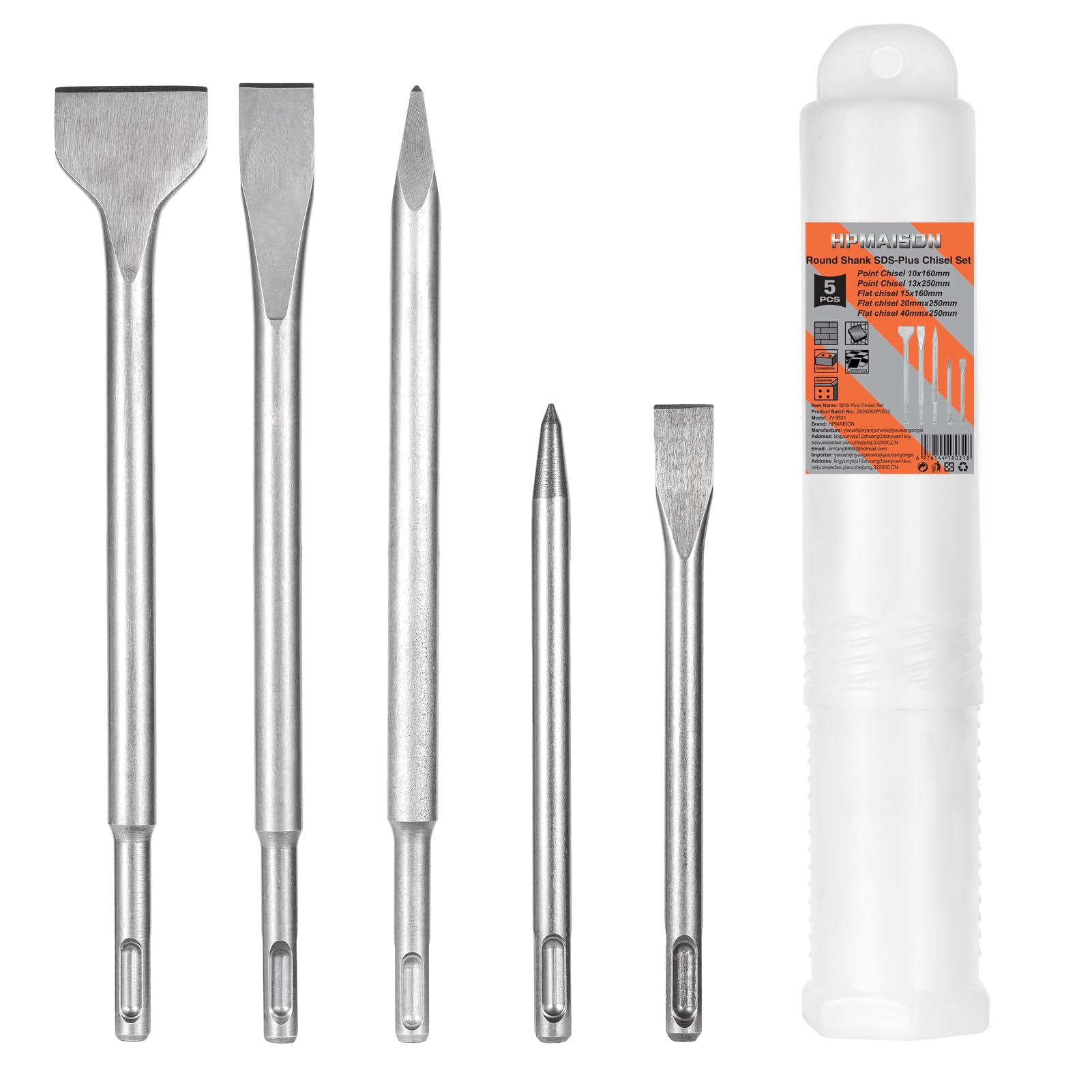 HPMAISON SDS Plus Hammer Meißel Set, 5tlg. SDS Plus Fliesenmeißel und Betonmeißel Set, Enthält 3 Flachmeißel und 2-Punkt-Meißel für Beton, Ziegel, Zement, Stein und Mauerwerk