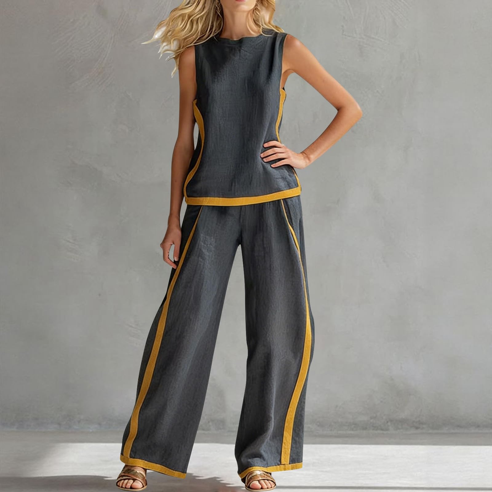 Ensemble en lin pour femme - Col rond - Débardeur sans manches et pantalon large - Design bloc de couleur - Vêtement de sport pour la course à pied, le yoga, le fitness, le fitness - Élégant
