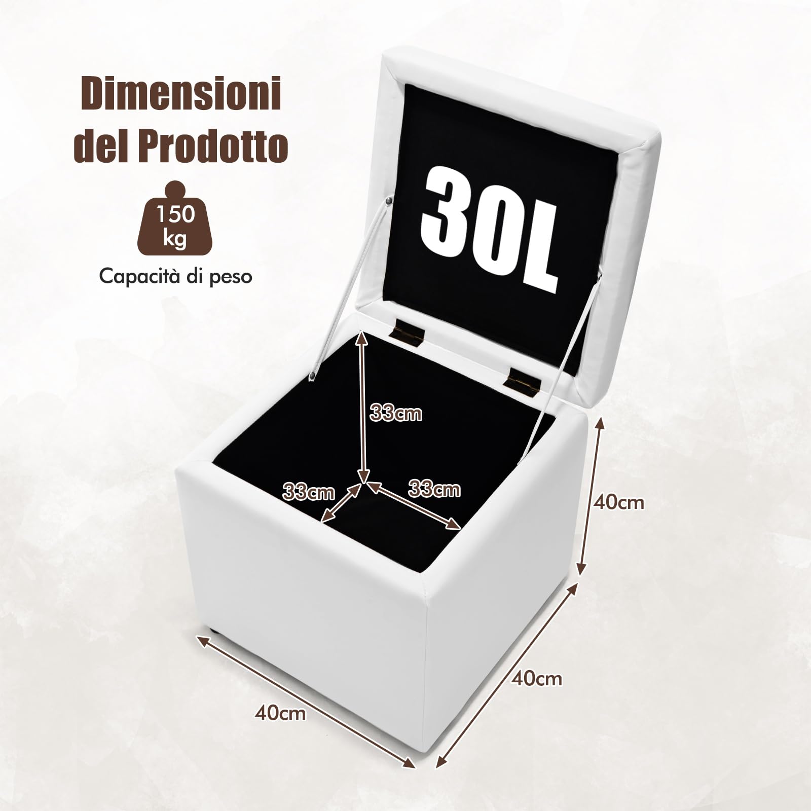 COSTWAY Pouf Contenitore Quadrato, Cubo Poggiapiedi di 30 L, Carico Max. 150 kg, 40 x 40 x 40 cm (Bianco)