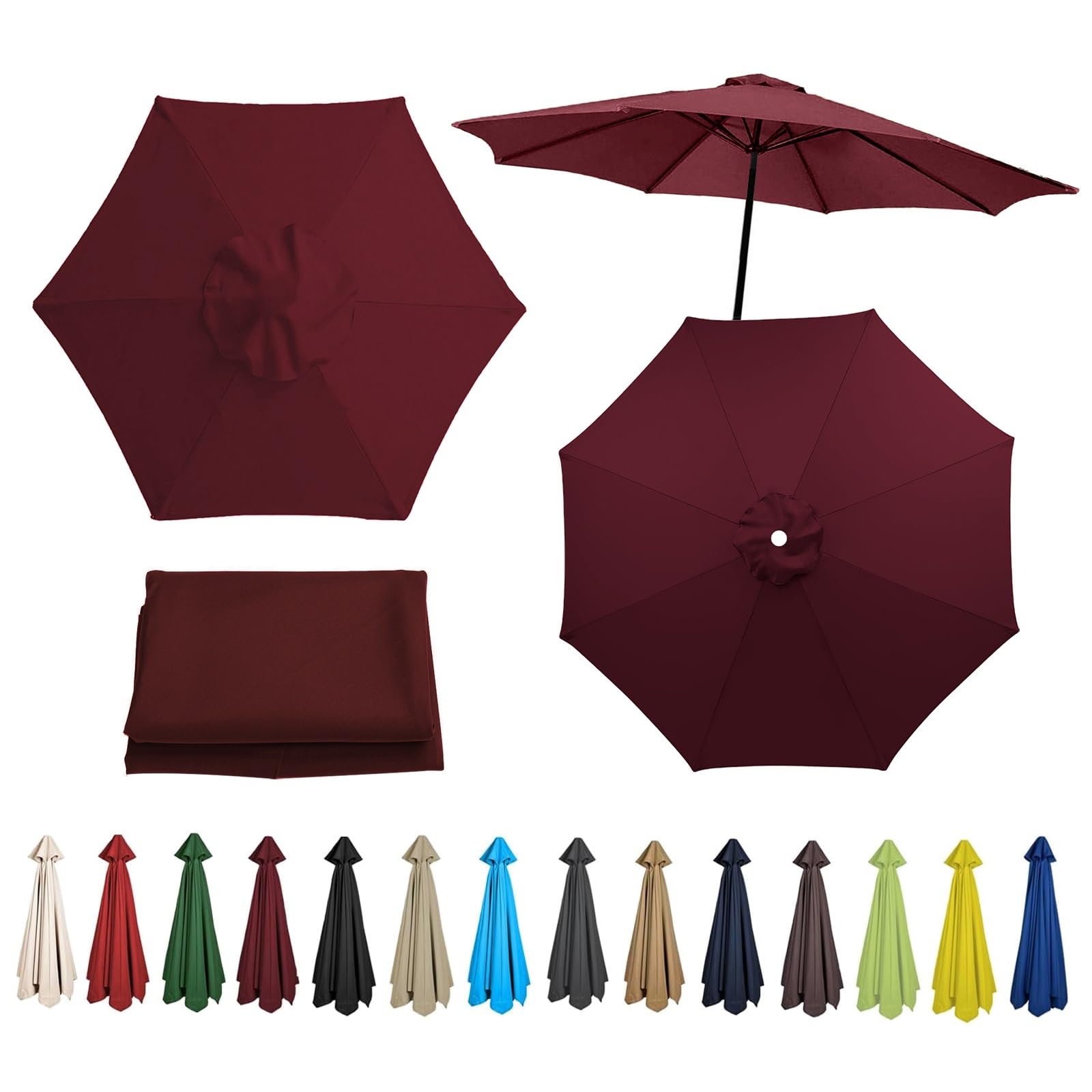 Replacement Parasol Canopy For 200cm - 6Ribs, 270cm - 6Ribs, 270cm - 8Ribs, 300cm - 6Ribs, 300cm - 8Ribs, UV Protective, Waterproof, Canopy Cover Fit Outdoor Garden Market Table Parasol(Color:Burgundy