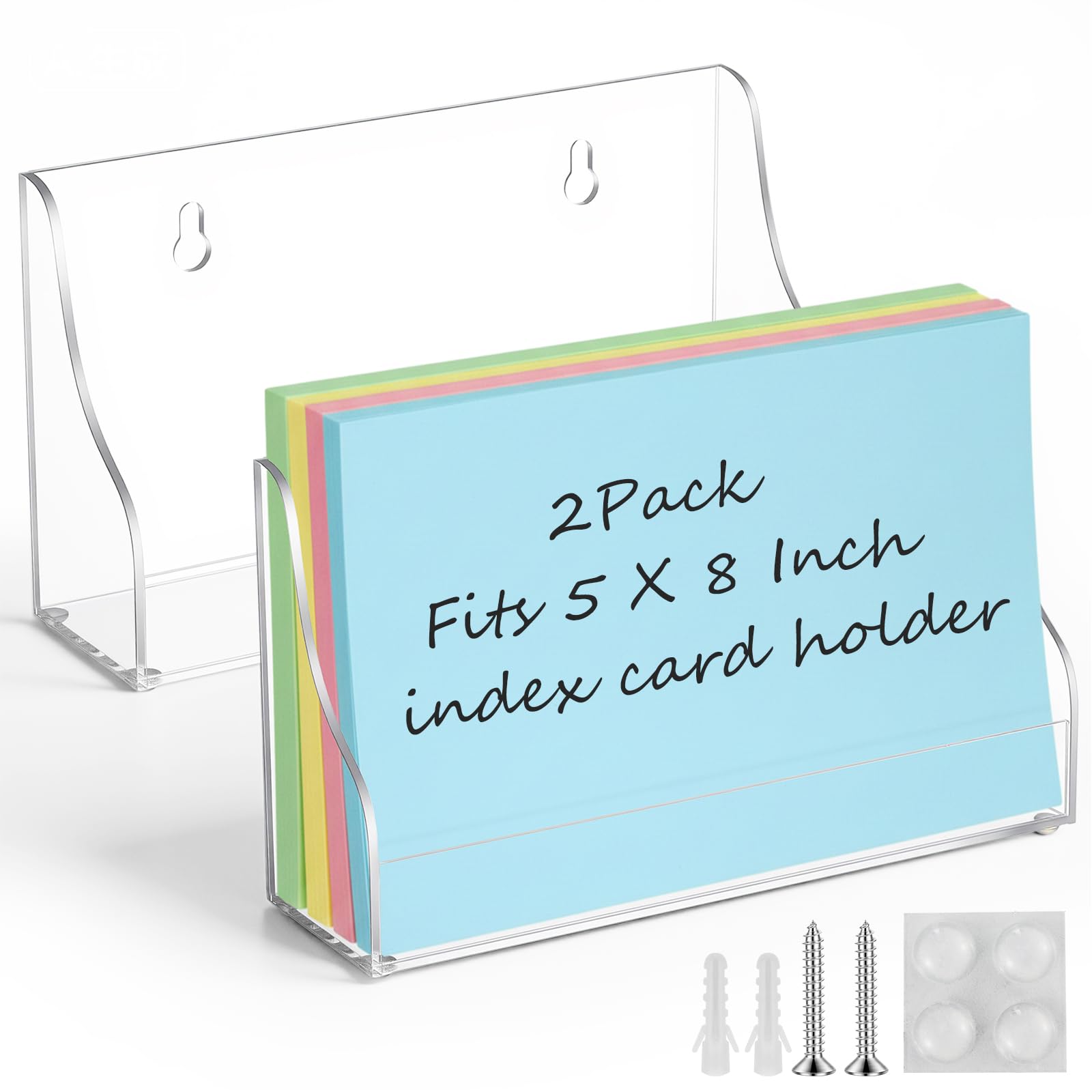 Dunzoom 2 Pack 5x8 Index Card Holder, 2-in-1 Desk &amp; Wall Mounted Acrylic Index Card Display Stand, Includes Screws &amp; Anchors, Clear Notecard Organizer for Back to School, Classroom, Office Study