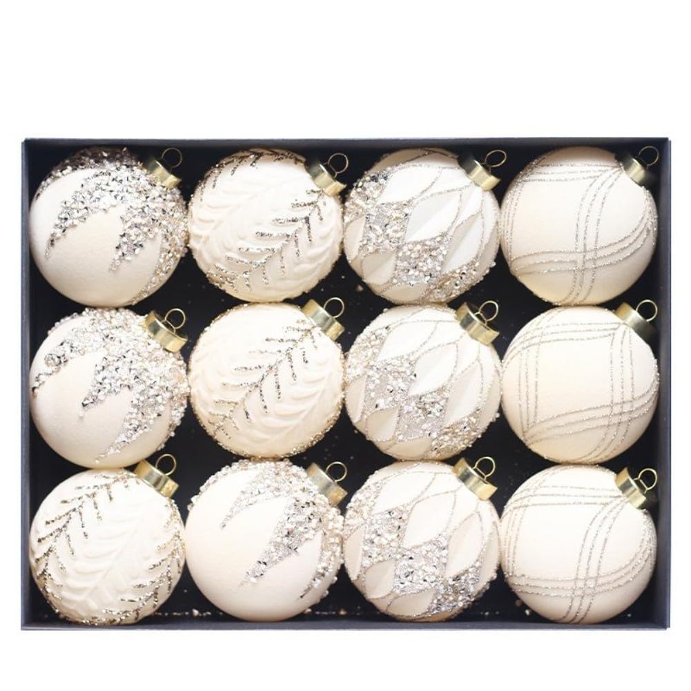 Juego de adornos de bolas de Navidad flocadas de 8 cm, 12 piezas de decoraciones de árbol con purpurina para decoración navideña y de temporada