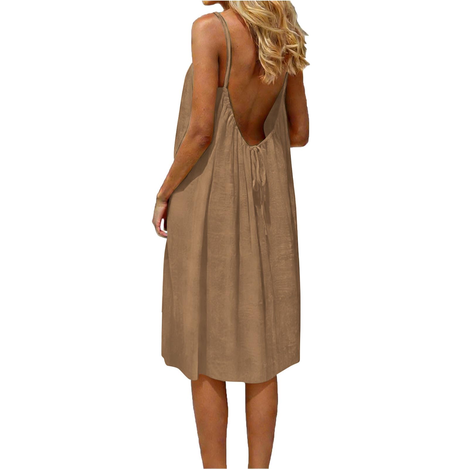 AMhomely Summer Dresses for Women UK-Backless Cami Boho Sundresses,Plus Size,Sleeveless Solid Mini Beach Dress,Loose Swing Lounge Dresses with Back Tie,Sundress for Vacation Casual C Khaki M