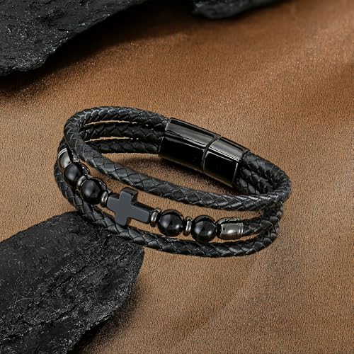 Pulsera masculina de cuero con piedras naturales y cierre de acero inoxidable miniatura 4