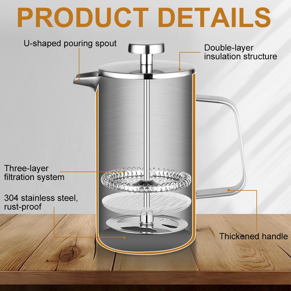 HOTUT French Press, 350ml Caffettiera Francese in Acciaio Inox, Caffettiera Pistone Filtro con 2 Fltri e Cucchiaio, Funzione Termica, Americano Macchina per Caffè o Tè, per 3 Tazze