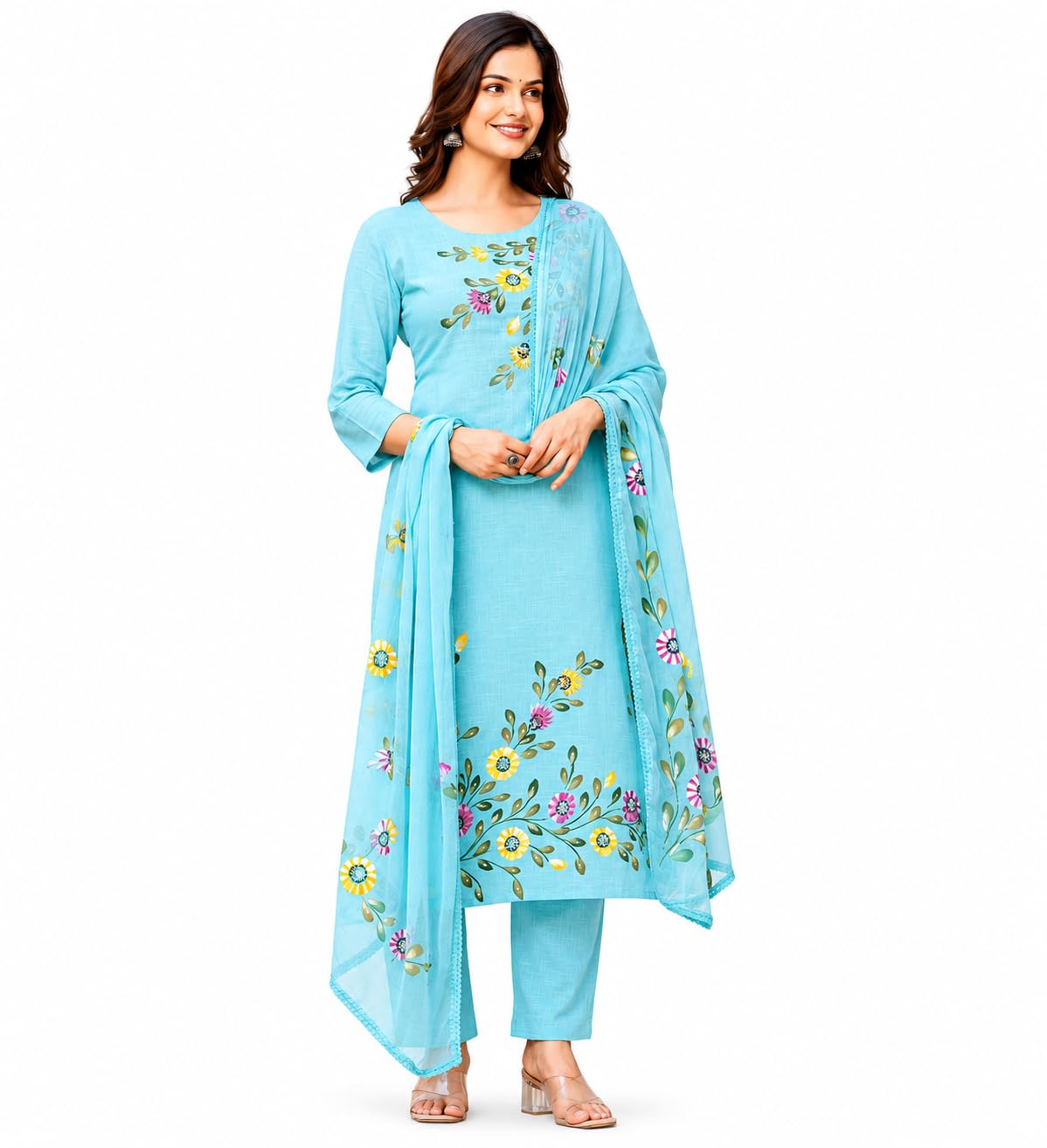 Women Pure Cotton Pink Self Design Floral Print Straight Kurta Pant With Dupatta Set-image-40