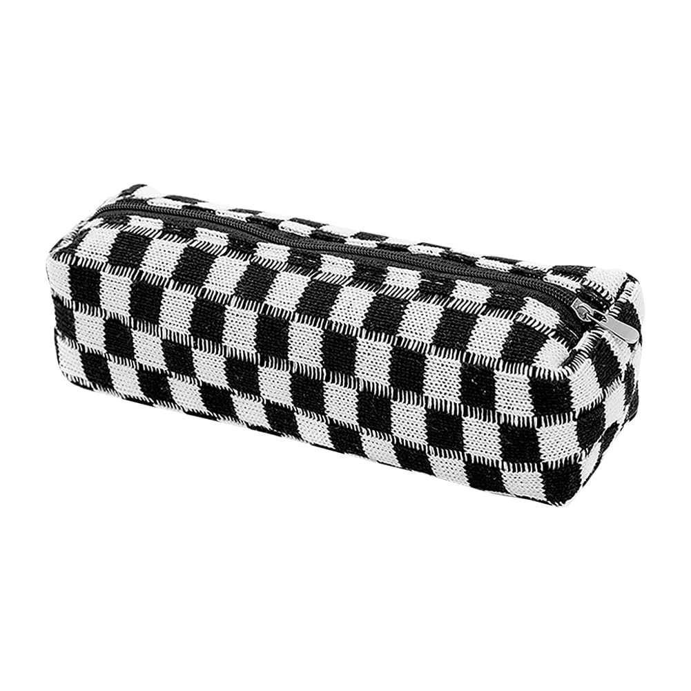 Knitted Plaid Pencil Case Checkered Cosmetic Bag Small Pen Bag Zipper Pencil Pouch Fashion Make up Case Portable Travel Makeup Bag Cute Pencil Storage Box Stationery Organizer Case Black and White