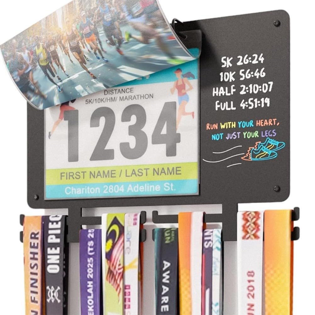 Lecreatekit Marathon Medal Hanger Display for Runners, Wall Mounted Race Bib Holder with Chalkboard for Personal Times, Storage Rack for Medals and Number Cloth