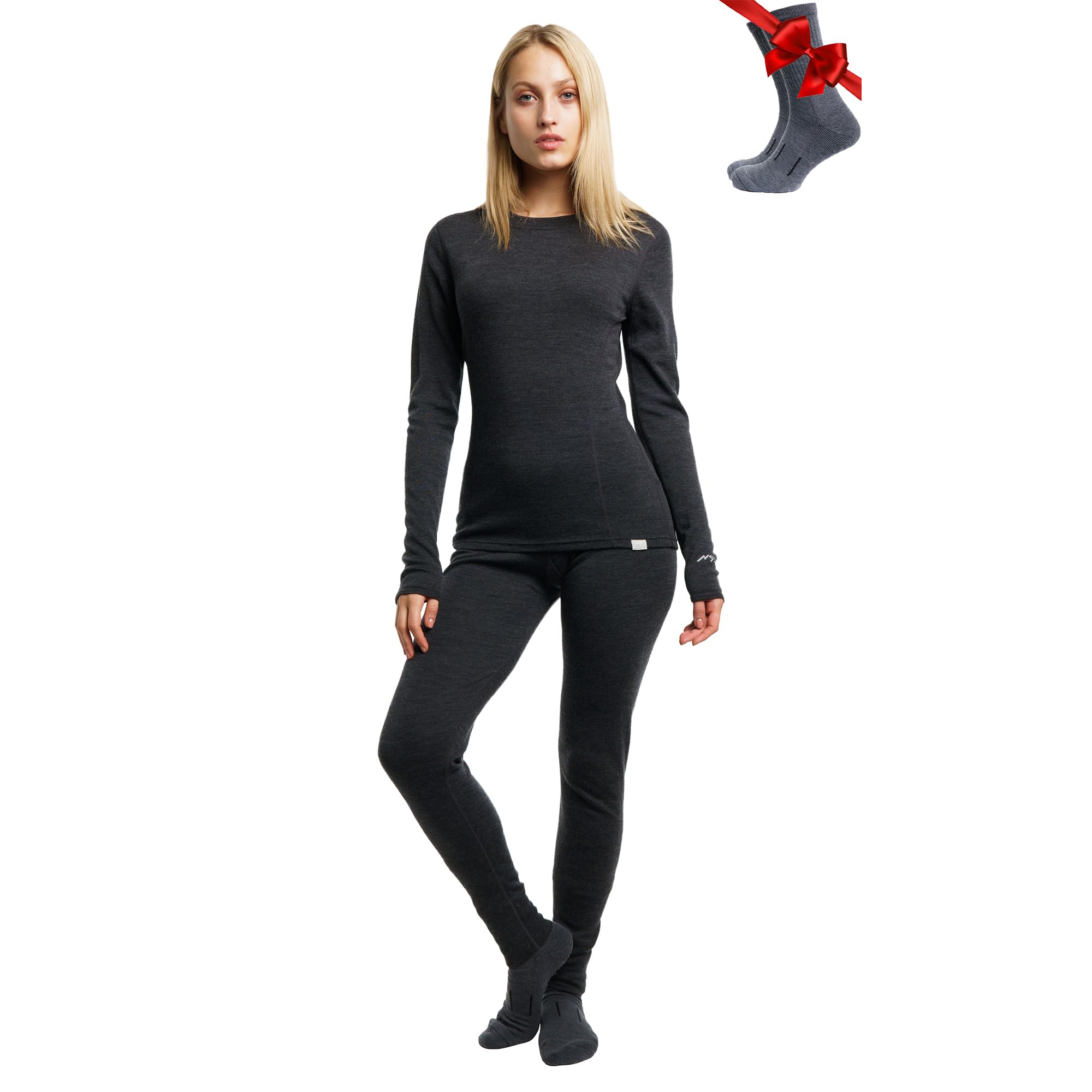 Merino.tech Women's 165 Heathered Black Set Merino Wool Base Layer Set - Merino Thermal Underwear Top And Bottom Lightweight, Midweight, Heavyweight (Xx-Large, 165 Lite Heathered Black)