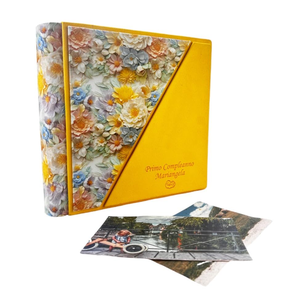Album Fotografico Artigianale in Tessuto stampato 3D e Alcantara, Personalizzabile con Incisione, classico con velina,Matrimonio,Compleanno,Wedding,Anniversario,Comunione,eventi (Giallo/Giallo)