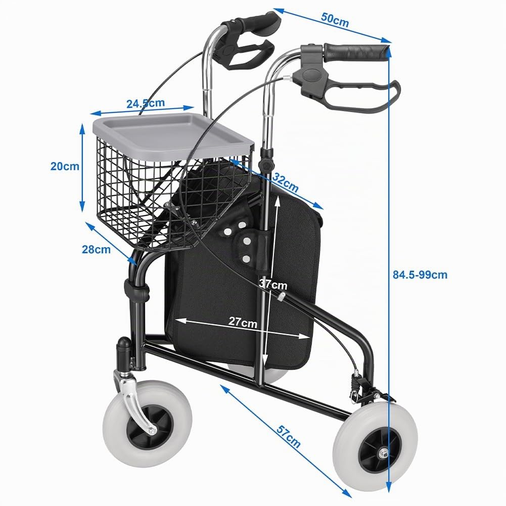 BAKAJI Andador de 3 ruedas para personas mayores, discapacitados, personas con movilidad reducida, walker ergonómico con frenos y carro portatodo, bolsa portaobjetos con cremallera, estructura