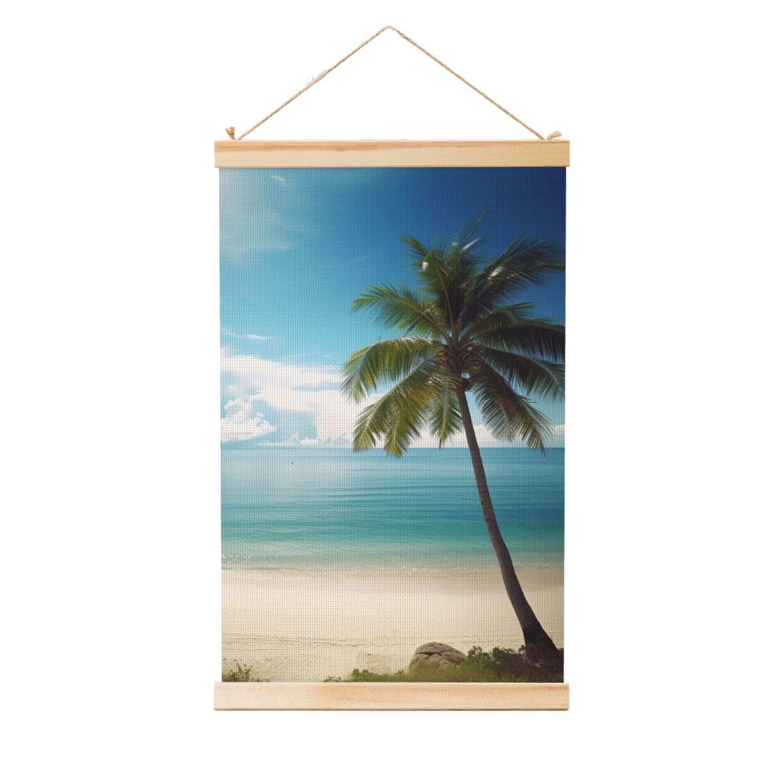 Beach and Palm Tree Poster Wooden Shaft Hanging Poster Wall Hanging Banner Canvas Artwork with Wood Frames 36"x24" Modern Artwork Decor Ready to Hang Wall Art for Home Decor Scroll Painting