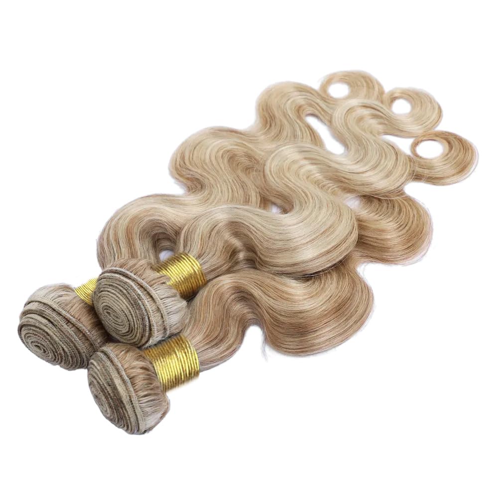 Piano Color Blonde Bundles Human Hair P27613 Body Wave Bundles Ombre Honey/Light Blonde Highlights 20/22/24 Inch Brazilian Human Hair Sew-In Weave Extensions Soft & Thick