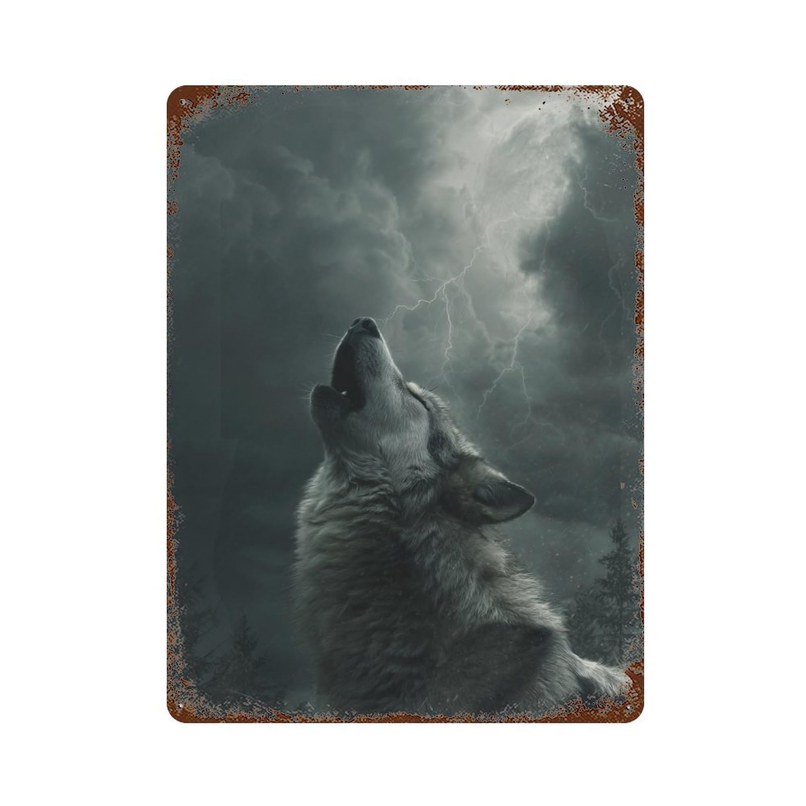 Wolf Howling at Stormy Sky Rust Effect Tin Sign 15.7"x11.8", Rustic Home Decor for Cafe, Home Bar And Lounge Decor