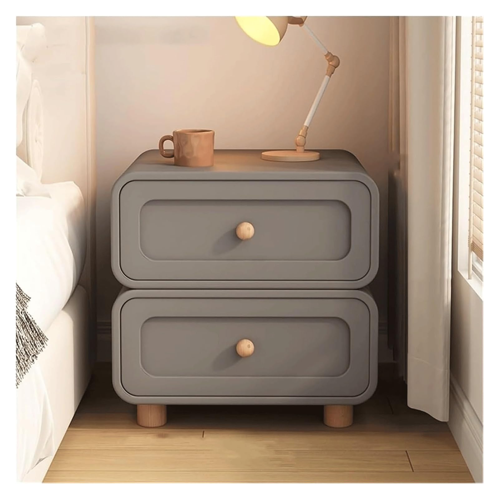 SXZenSpace Wooden Nightstand Modern Bedside Cabinet with 2 Sliding Drawers and Leather Finish Small Table Sofa Side for Home(Grey,40cm)