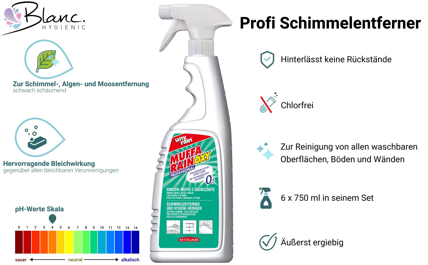 Schimmelentferner OXY Aktivsauerstoff 6x750 ml | Chlorfrei, Aktivsauerstoff, gegen Schimmel, Algen, Moos & Verfärbungen