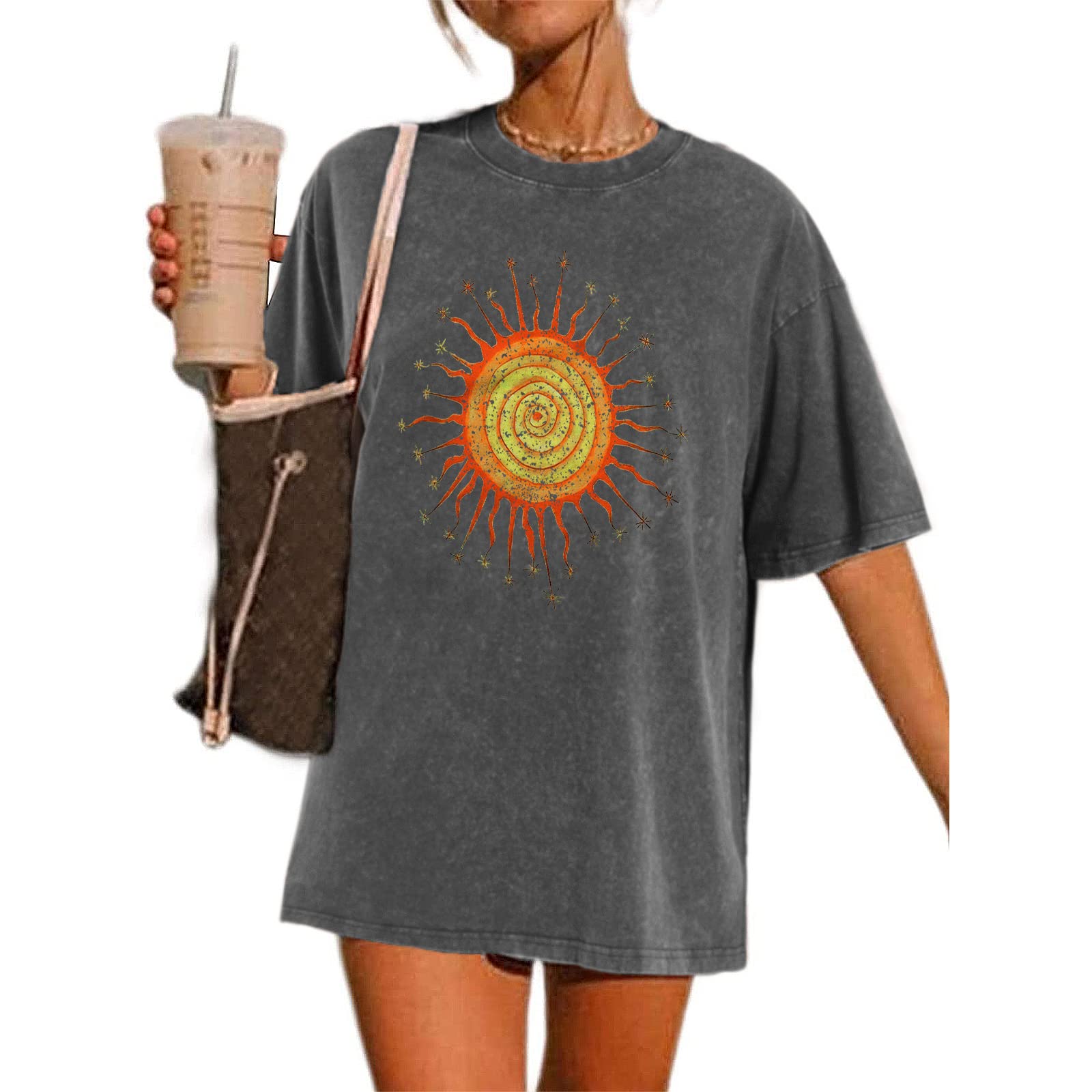 WrenpiesVintage Oversized Sun Aesthetic Graphic Tees Distressed Band T Shirts for Women Boyfriend Baggy Casual Shirt Tops