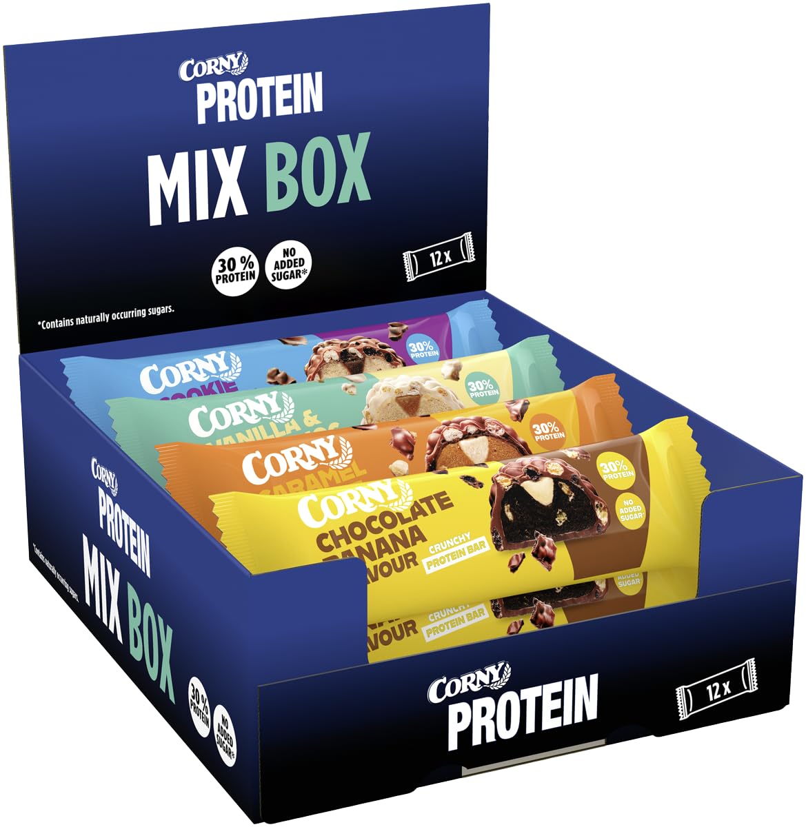 Proteinriegel | Corny Protein Crunchy 12er Mix | Trial Pack Eiweißriegel mit 30% Eiweiß, ohne Zuckerzusatz | Probierset zum Testen und Genießen | 12 x 45 g