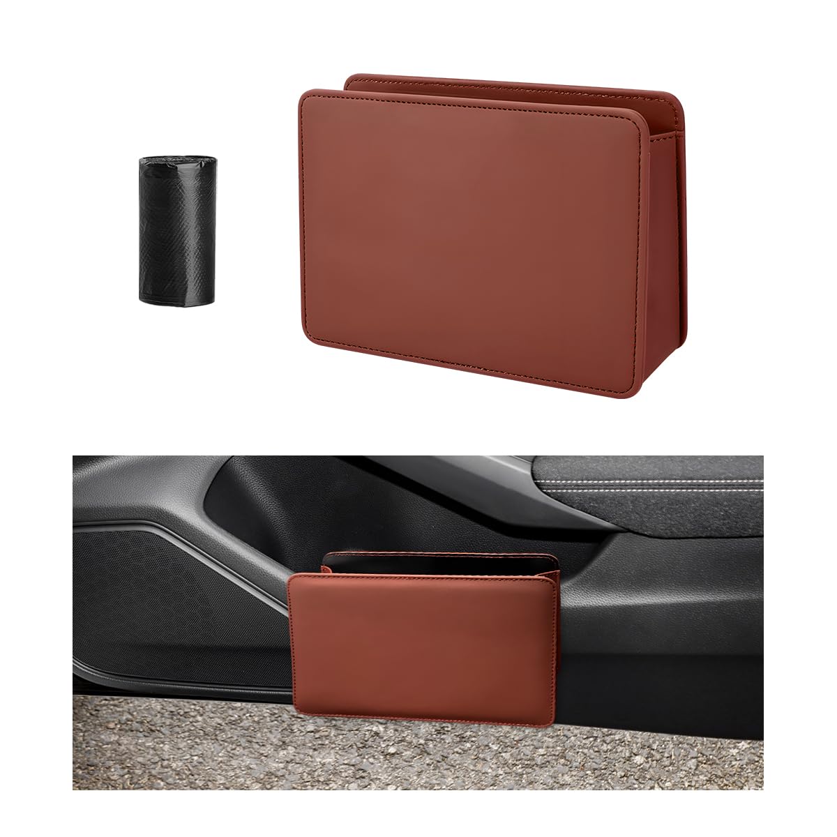Car Trash Can, Waterproof Leather Hanging Storage Container Vehicle Dustbin, Auto Foldable Mini Garbage Organizer Trash Bag for Truck SUV RV, Essential Car Accessories (Brown)