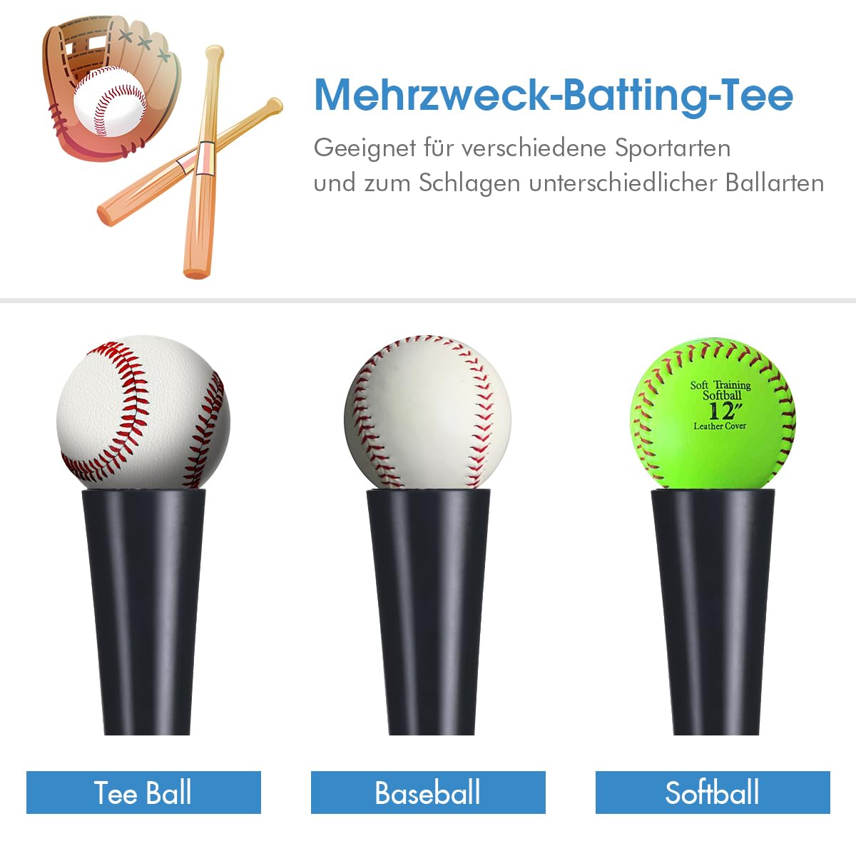 GYMAX Batting Tee höhenverstellbar, Schlaghilfe mit Gummideckel & Stabiler PP-Basis, Baseball Schlag T-Stück für Baseball- & Softball-Training