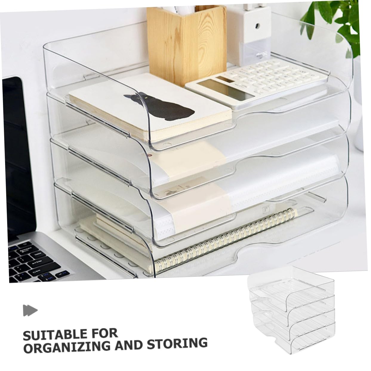 STOBOK 4piezas Organizador De Escritorio Apilable Bandejas Transparentes Para Oficina y Práctica Para Archivar y Material De Oficina