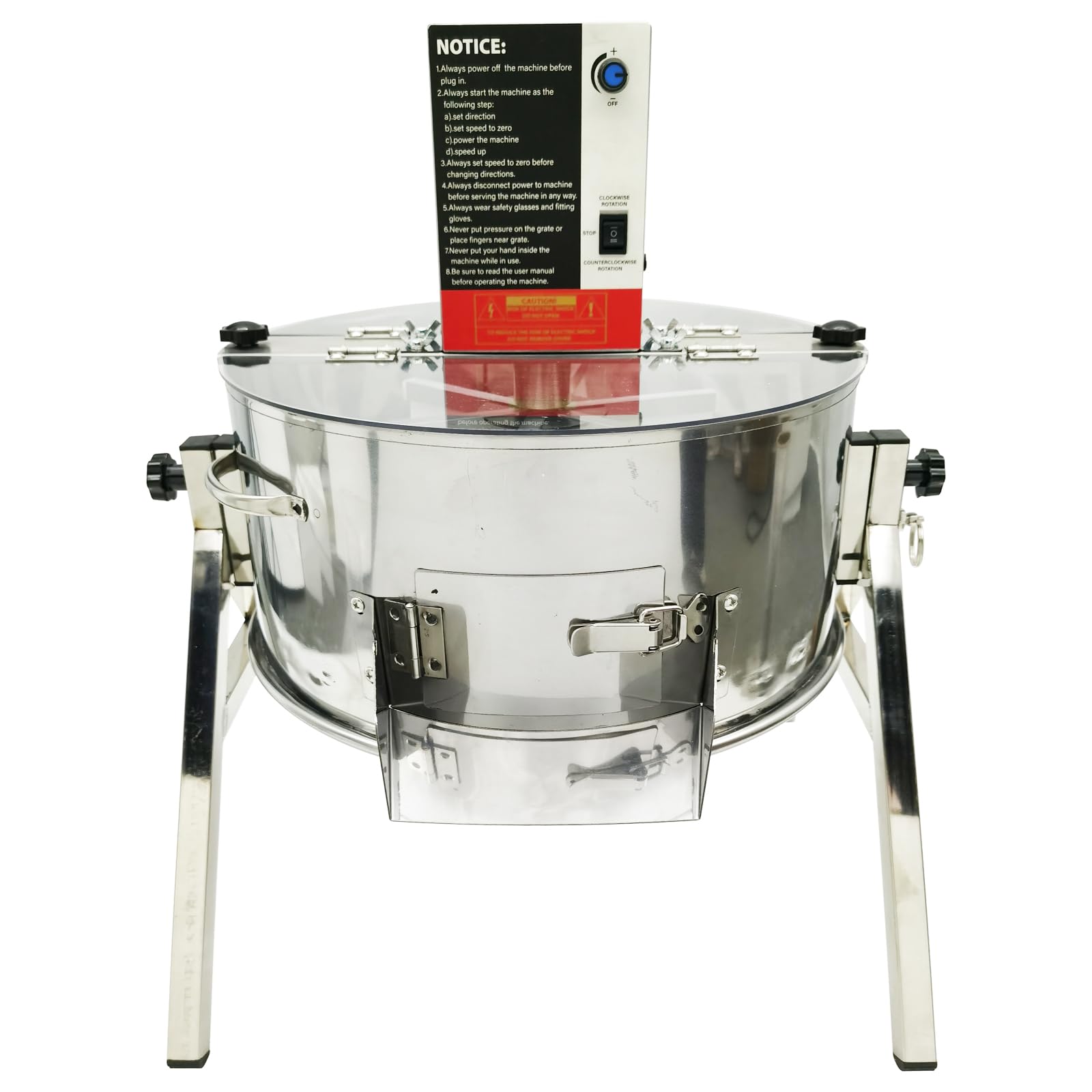 Diagram showing the product dimensions and key parameters: Voltage 100-240V, Power 52W, Speed 0-70 RPM, Material 201 Stainless Steel + Food Grade Silicone, Cutting Width 16 inches (40.6cm), Weight Capacity 5.3 Gallons (20L), Net Weight 17.5 lbs (8kg).