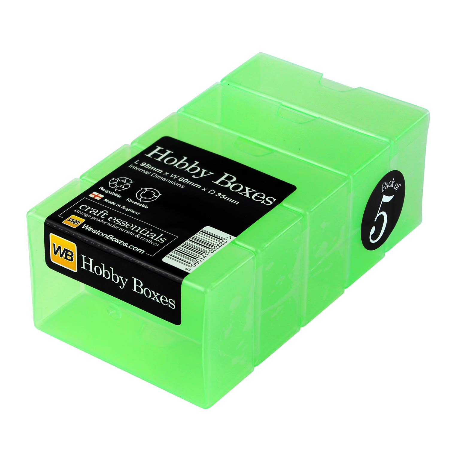 WestonBoxes, Hobby Boxes, Small Plastic Storage Boxes for Arts & Crafts Supplies (Green, 5-Pack)