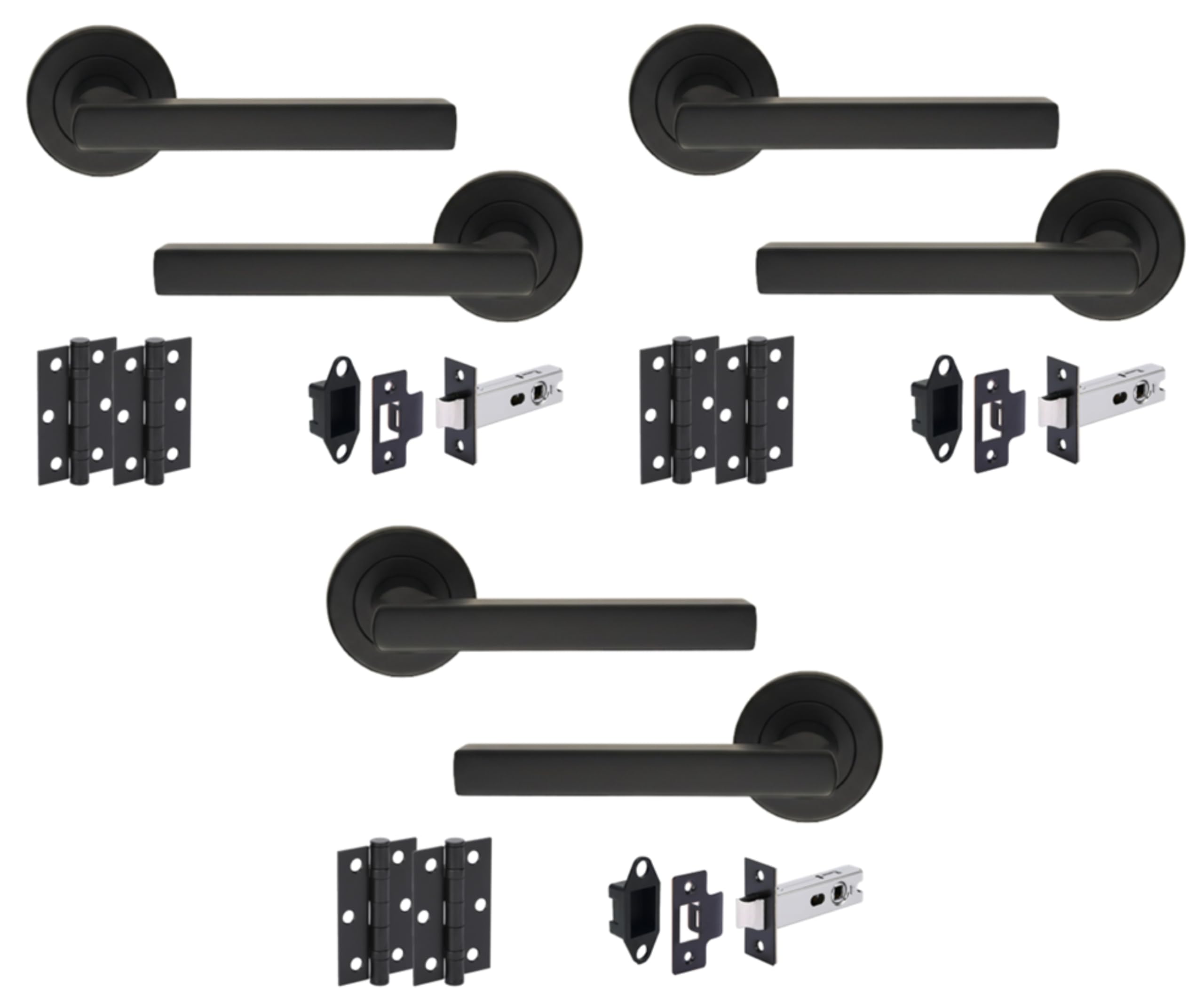 Hunta HANDLEZONE® Torro Matt Black Internal Door Handle Pack - 3 Pack - Lever on Rose Set - 76mm Tubular Latch (57mm Backset) & 2 Ball Bearing Hinges - Passage for Internal Wooden Doors