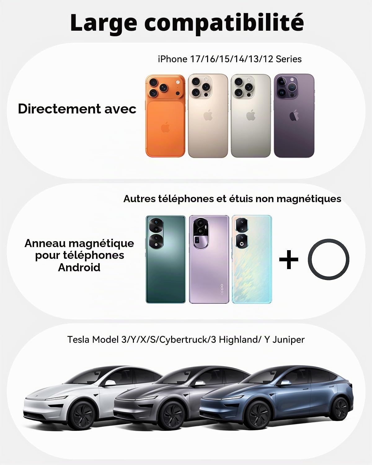 CloudValley Support Magnétique Téléphone Voiture 15W Charge Intégrée, Rotation 360°, Structure Pliable Extensible Dissimulée | Accessoires Compatible Tesla Model 3/Y/Juniper/Cybertruck