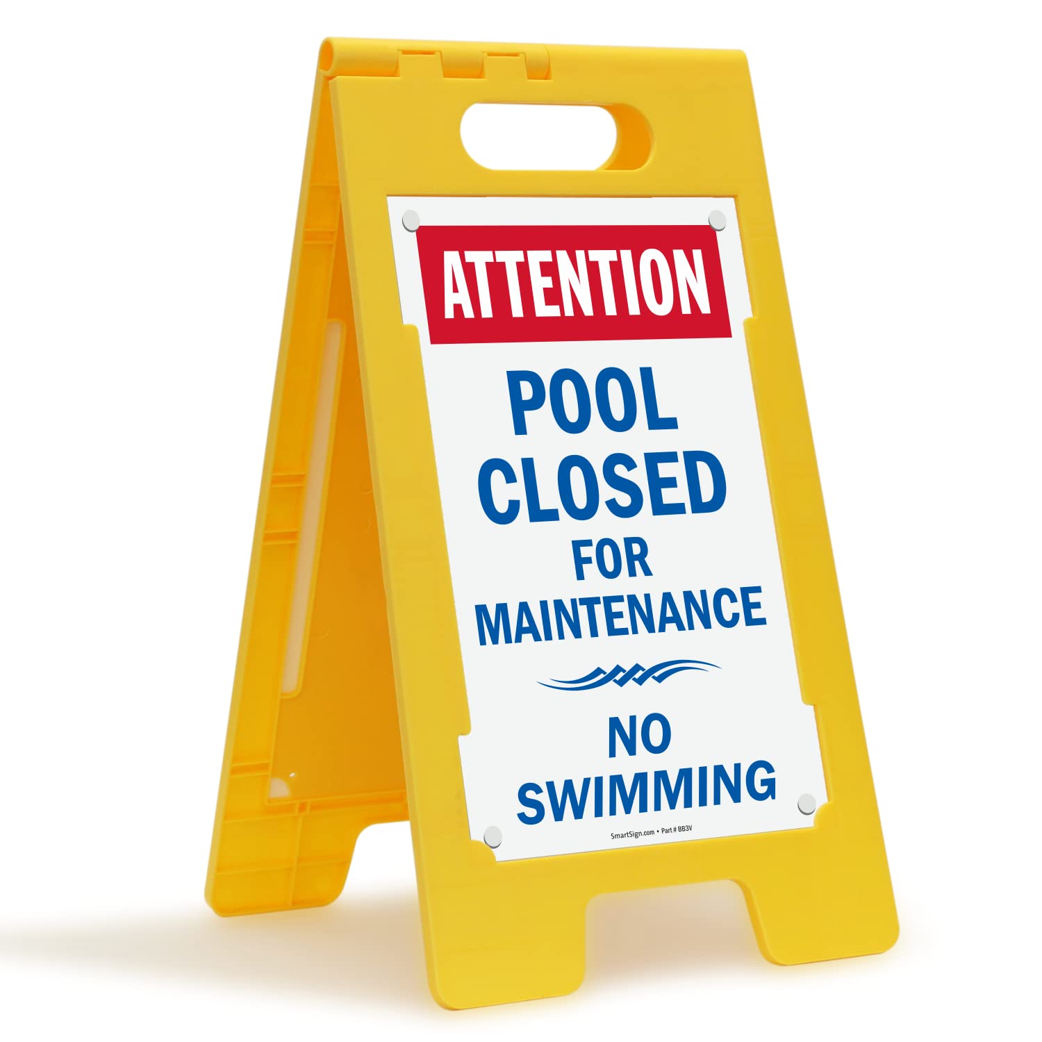 SmartSign 25 x 12 inch “Attention - Pool Closed For Maintenance, No Swimming” Two-Sided Standing Floor Sign, Portable A-Frame, Easy Grip Handle, Plastic, Multicolor, Made in USA