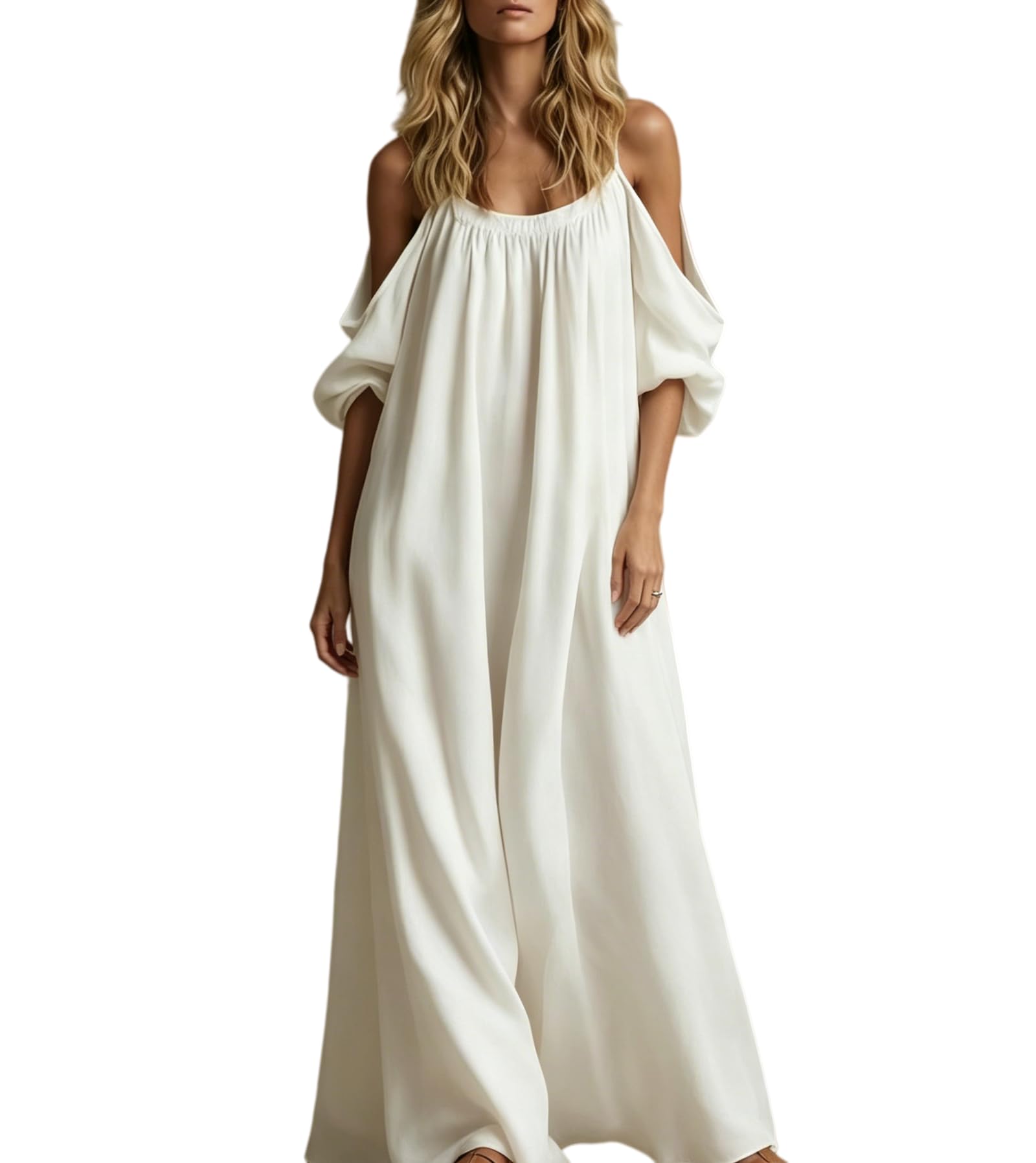 Générique Robe Longue Ample pour Femme, Unie et Fluide, Style bohème, avec épaules dénudées, Manches Ballon, Fines Bretelles et Poches (Blanc,M)