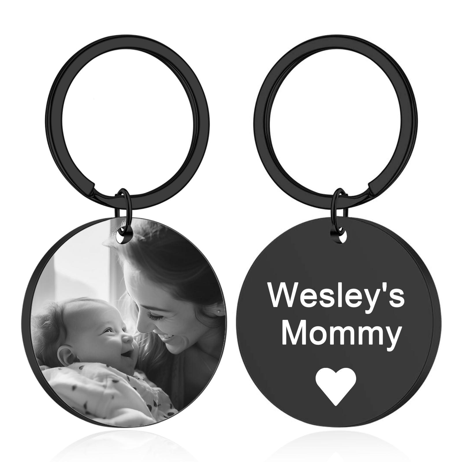 BEXOA Personalised Keyring, Custom Photo Engraved Text Key Ring Customised Keychain Anniversary Memorial Gifts for Him Men Boyfriend Dad Family (Engraving - Circular)