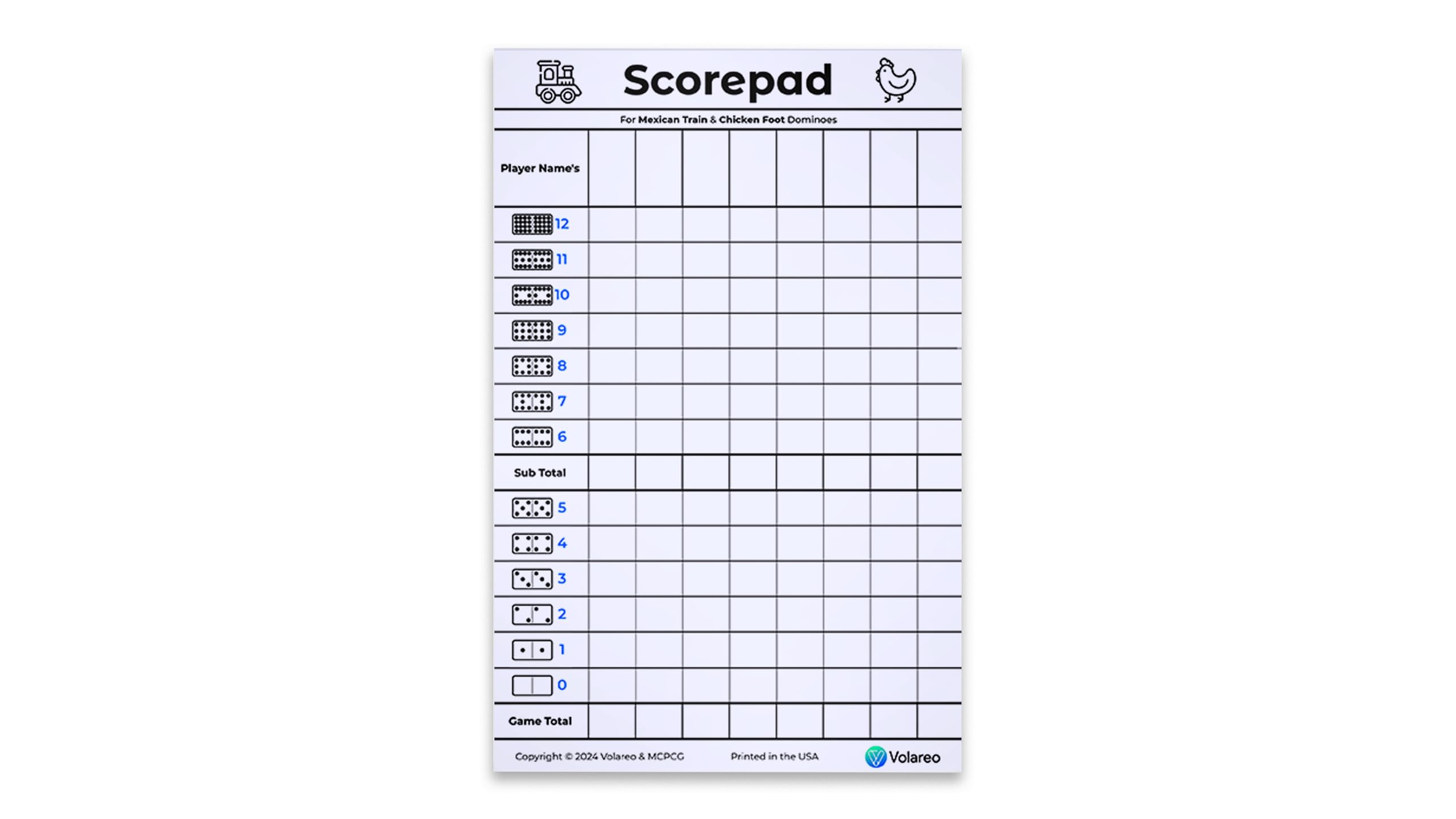 Volareo Mexican Train and Chicken Foot Dominoes Score Pad - 100 Scoring Sheets per Scorepad, 8.5 x 5.5 Inches - Score Sheets for Double 12 Domino Sets