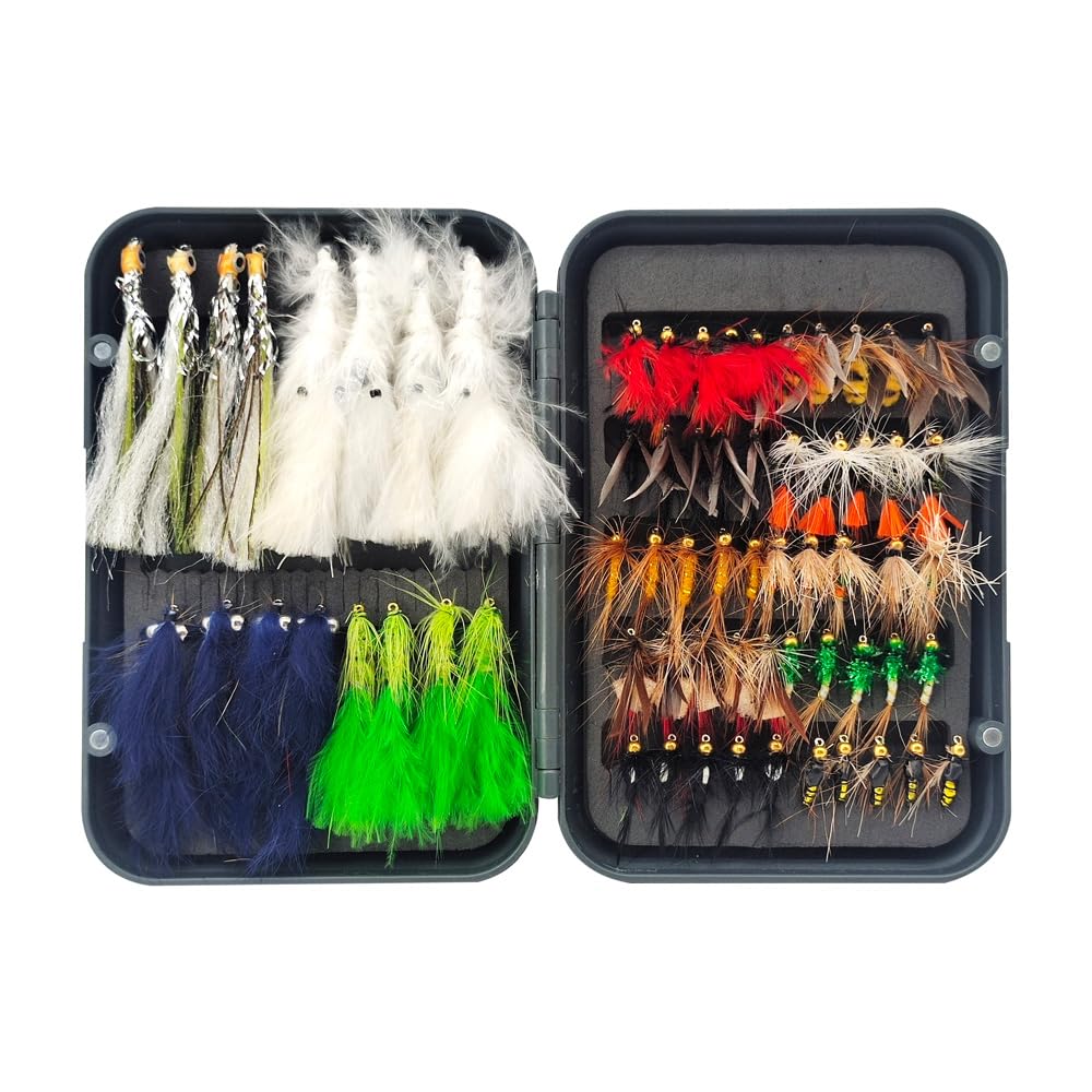 Raprance Fly Fishing Flies Kit with Fly Box，48/64/66/100 Fly Fishing Flies Assortment for Bass Trout Salmon Fishing