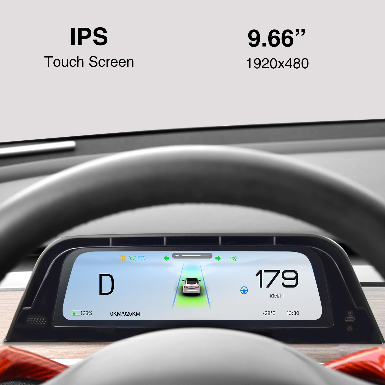 Heads Up Dispaly per Tesla Model Y 2019-2024 e Model 3 2017-2023 Schermo da 9,66" - Design aggiornato senza blocco della presa d'aria, CarPlay wireless Android Auto, Allarme angolo cieco