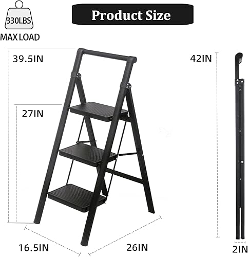 Miniatura 4 de MULDWEIR - Taburete plegable de 3 escalones con asa, capacidad de carga de 330 libras, pedal antideslizante ancho, ligero, multiusos para el hogar y