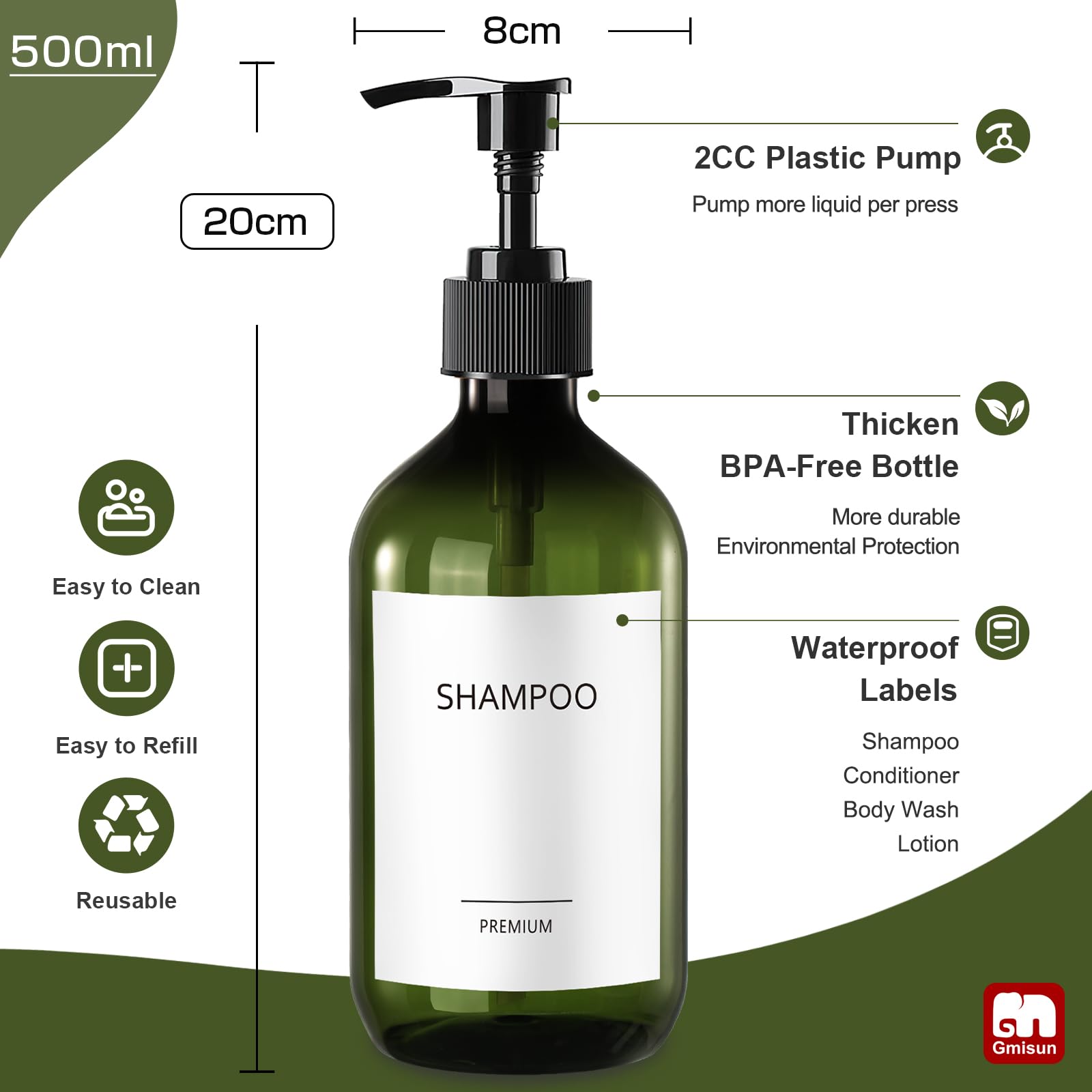 Gmisun Green 3-Pack 500ml Recycled Plastic Shampoo & Conditioner Dispenser with Pump, Bathroom Bottles with Labels - Image 2
